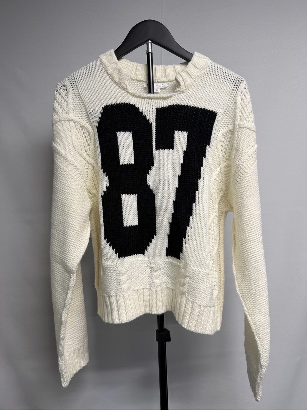 Cream Cable Knit Sweater with Black '87' Front Graphic